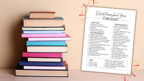 end of year homeschool checklist and stack of books