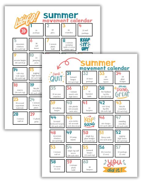 summer movement calendar freebie