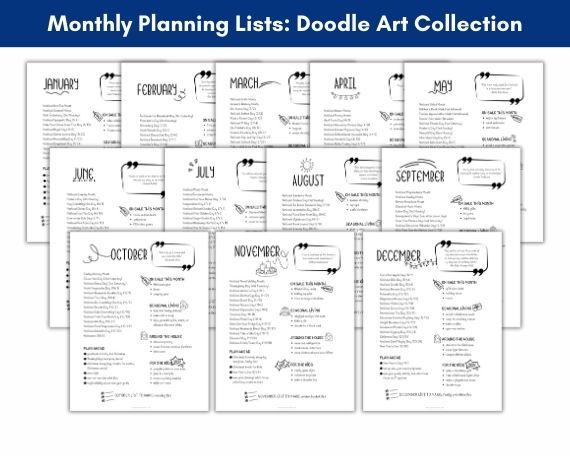 monthly planning lists doodle art hand drawn look